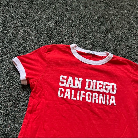 ZARA Red & White Varsity Baseball Graphic Short-Sleeve Ringer T-Shirt Shirt sz M - Picture 3 of 16